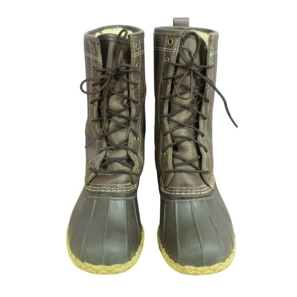 LL Bean Brown Leather Shearling Lined Mid Calf Duck Boots Round Toe Size 8 Wide - Picture 5 of 10